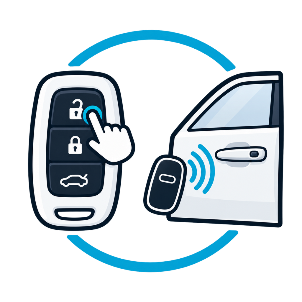 Finger trykker på en bilnøgles knap ved siden af en keyless-nøgle med signaler mod en bildør.
