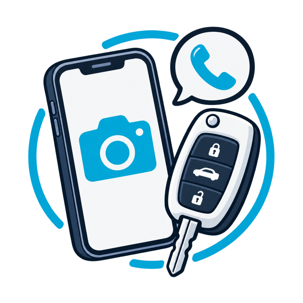 Telefon med kameraikon ved siden af en bilnøgle og en taleboble med telefonsymbol.