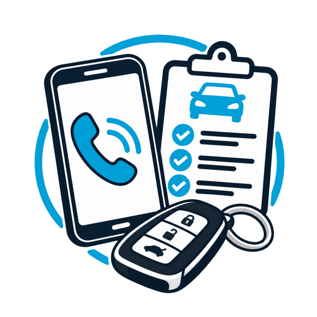 Telefon, tjekliste med bilsymbol og en bilnøgle.
