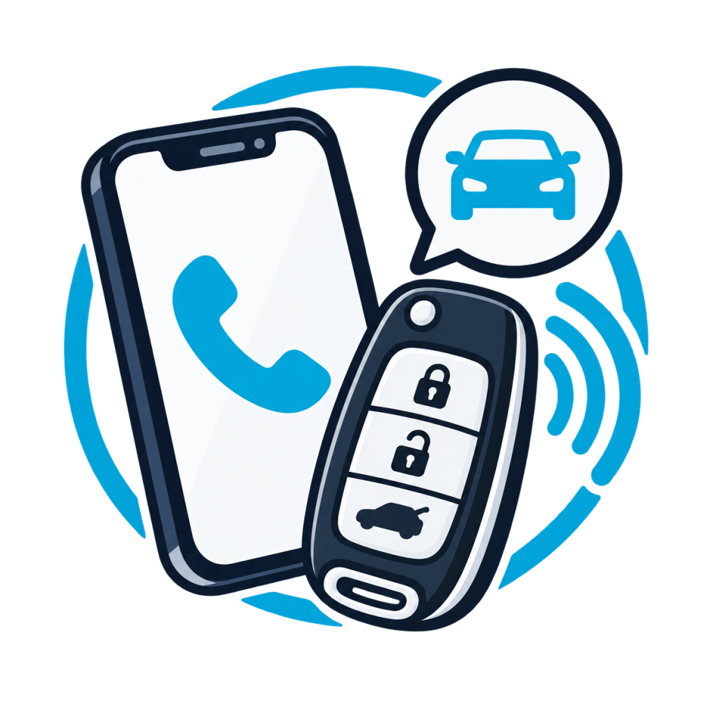 Telefon med opkaldssymbol, bilnøgle med signalbølger og taleboble med en bil.