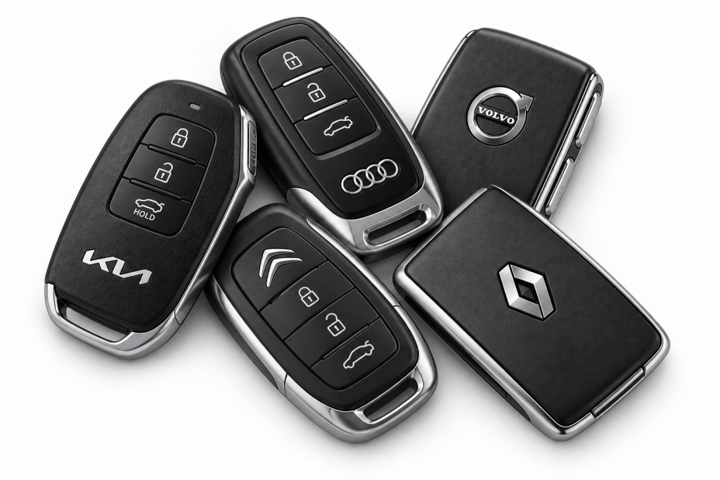 Fem bilnøgler med logoer fra Kia, Audi, Volvo, Citroën og Renault på hvid baggrund.